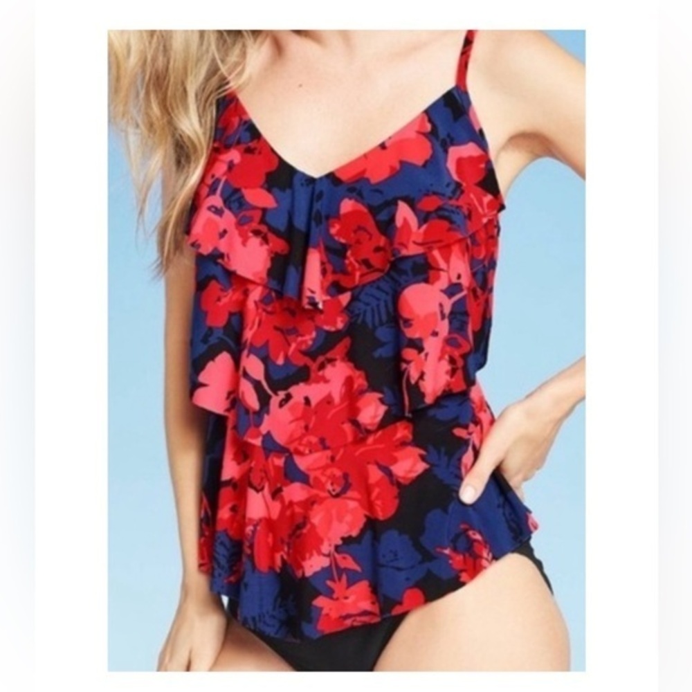 Aqua Green Blue Pink & Red Floral Ruffle Padded Adjustable Strap Tankini Top Lg